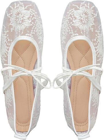 GORGLITTER Women's Floral Ballet Flats Embroidered Mesh Ballerina Shoes Bow Closed Toe Dress Shoes in Saudi Arabia