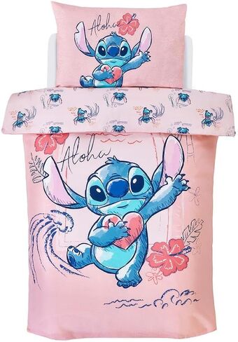 طقم غطاء لحاف وغطاء وسادة للصغار من Dreamtex Disney Stitch Aloha باللون الوردي المرجاني لغرفة نوم الأطفال الصغار (JP1-STI-ALO-12) in Kuwait