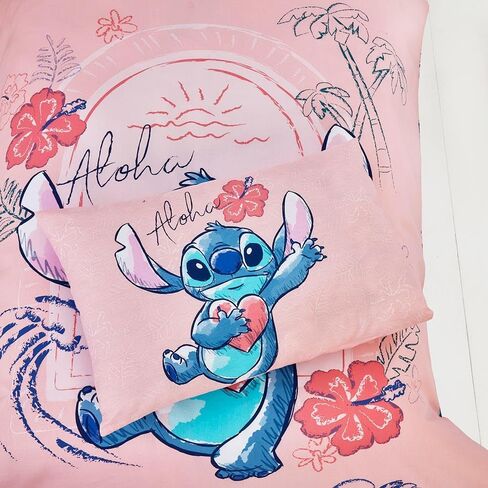طقم غطاء لحاف وغطاء وسادة للصغار من Dreamtex Disney Stitch Aloha باللون الوردي المرجاني لغرفة نوم الأطفال الصغار (JP1-STI-ALO-12) in Kuwait