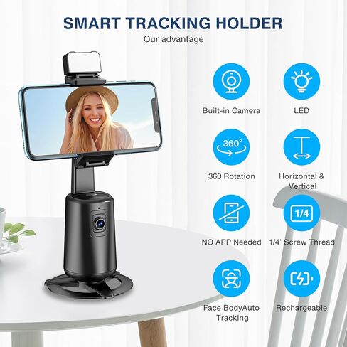 360° Auto Face Tracking Tripod for Phones, Gesture Control & Remote, Smart Camera Stand for Video Calls, Live Streaming, Tiktok, No App Required, Rechargeable, Universal Compatibility (Deep Black) in Kuwait