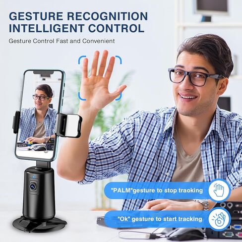 360° Auto Face Tracking Tripod for Phones, Gesture Control & Remote, Smart Camera Stand for Video Calls, Live Streaming, Tiktok, No App Required, Rechargeable, Universal Compatibility (Deep Black) in Kuwait