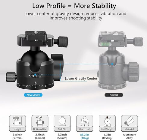 ARTCISE 56mm Low Profile Tripod Ball Head Black Arca Swiss CNC Aluminum Heavy Duty Camera Mount Lightweight 360° Panoramic Ballhead for DSLR Mirrorless Video Camera Monopods Max Loading 88lbs/40kg in Kuwait