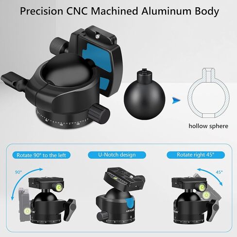 ARTCISE 56mm Low Profile Tripod Ball Head Black Arca Swiss CNC Aluminum Heavy Duty Camera Mount Lightweight 360° Panoramic Ballhead for DSLR Mirrorless Video Camera Monopods Max Loading 88lbs/40kg in Kuwait