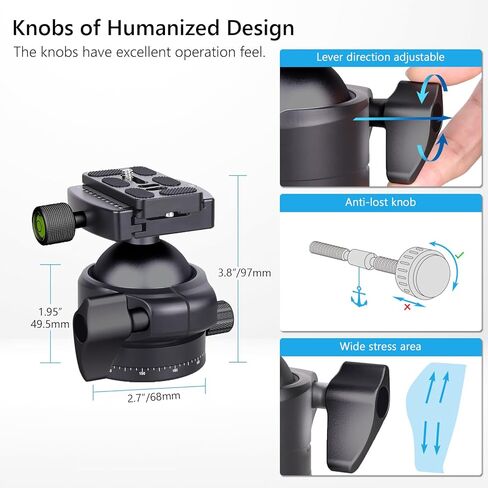 ARTCISE 56mm Low Profile Tripod Ball Head Black Arca Swiss CNC Aluminum Heavy Duty Camera Mount Lightweight 360° Panoramic Ballhead for DSLR Mirrorless Video Camera Monopods Max Loading 88lbs/40kg in Kuwait