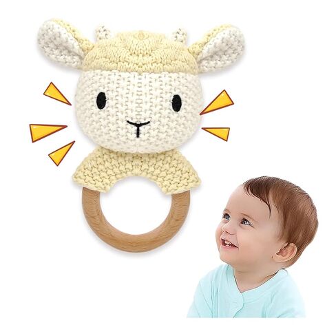 Sheep Baby Rattle for Newborn Plush Rings Crochet Lamb Teether Toy Baby Shower Wood Handle Textured Sensory Grip Fine Motor Skills Teething Toy Cute Farm Animal Plush Stuffed Stuffer Photo Prop in Saudi Arabia