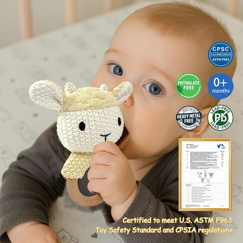 Sheep Baby Rattle for Newborn Plush Rings Crochet Lamb Teether Toy Baby Shower Wood Handle Textured Sensory Grip Fine Motor Skills Teething Toy Cute Farm Animal Plush Stuffed Stuffer Photo Prop in Saudi Arabia