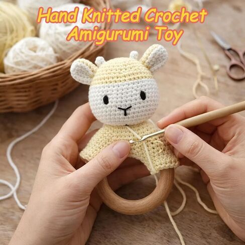 Sheep Baby Rattle for Newborn Plush Rings Crochet Lamb Teether Toy Baby Shower Wood Handle Textured Sensory Grip Fine Motor Skills Teething Toy Cute Farm Animal Plush Stuffed Stuffer Photo Prop in Saudi Arabia