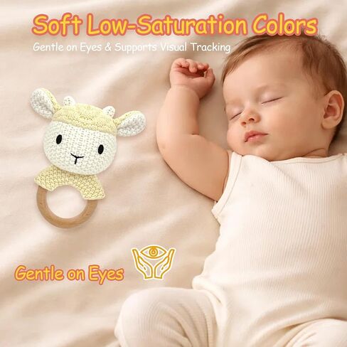 Sheep Baby Rattle for Newborn Plush Rings Crochet Lamb Teether Toy Baby Shower Wood Handle Textured Sensory Grip Fine Motor Skills Teething Toy Cute Farm Animal Plush Stuffed Stuffer Photo Prop in Saudi Arabia