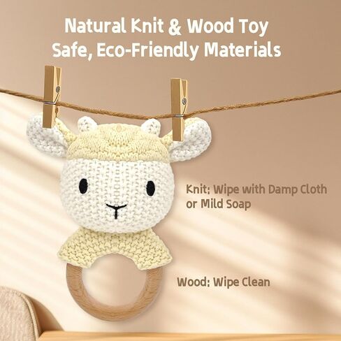 Sheep Baby Rattle for Newborn Plush Rings Crochet Lamb Teether Toy Baby Shower Wood Handle Textured Sensory Grip Fine Motor Skills Teething Toy Cute Farm Animal Plush Stuffed Stuffer Photo Prop in Saudi Arabia