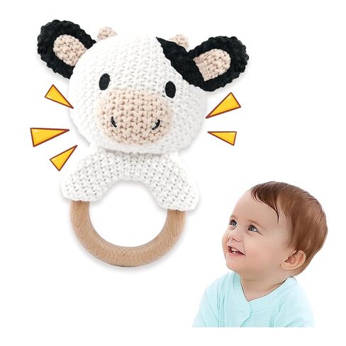 Sheep Baby Rattle for Newborn Plush Rings Crochet Lamb Teether Toy Baby Shower Wood Handle Textured Sensory Grip Fine Motor Skills Teething Toy Cute Farm Animal Plush Stuffed Stuffer Photo Prop in Saudi Arabia