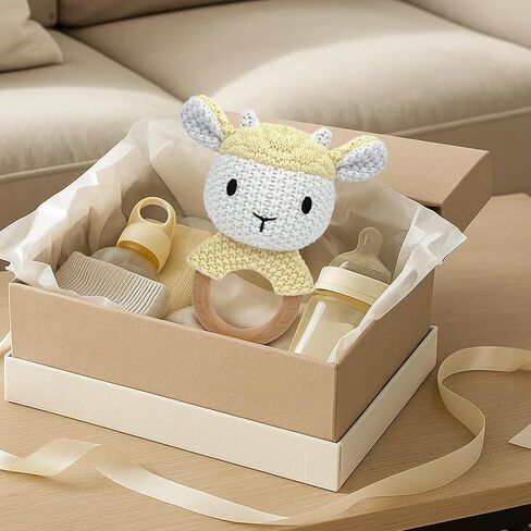 Sheep Baby Rattle for Newborn Plush Rings Crochet Lamb Teether Toy Baby Shower Wood Handle Textured Sensory Grip Fine Motor Skills Teething Toy Cute Farm Animal Plush Stuffed Stuffer Photo Prop in Saudi Arabia