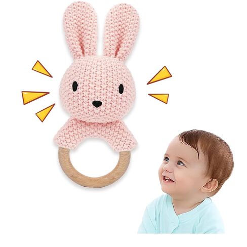 Sheep Baby Rattle for Newborn Plush Rings Crochet Lamb Teether Toy Baby Shower Wood Handle Textured Sensory Grip Fine Motor Skills Teething Toy Cute Farm Animal Plush Stuffed Stuffer Photo Prop in Saudi Arabia