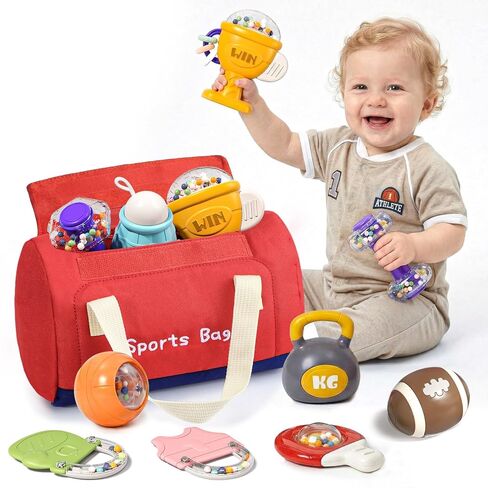 STACTCUTE 11 Pcs Baby Rattles Teether Toys Set, Sports Themed Gym Toy Bag for Infants 0-6 6-12 Months, Dumbbell & Ball Sensory Teething Toys, Newborn Boy Stuff 1st Birthday Shower Gifts in Kuwait