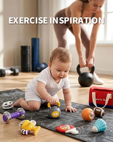 STACTCUTE 11 Pcs Baby Rattles Teether Toys Set, Sports Themed Gym Toy Bag for Infants 0-6 6-12 Months, Dumbbell & Ball Sensory Teething Toys, Newborn Boy Stuff 1st Birthday Shower Gifts in Kuwait
