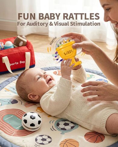 STACTCUTE 11 Pcs Baby Rattles Teether Toys Set, Sports Themed Gym Toy Bag for Infants 0-6 6-12 Months, Dumbbell & Ball Sensory Teething Toys, Newborn Boy Stuff 1st Birthday Shower Gifts in Kuwait