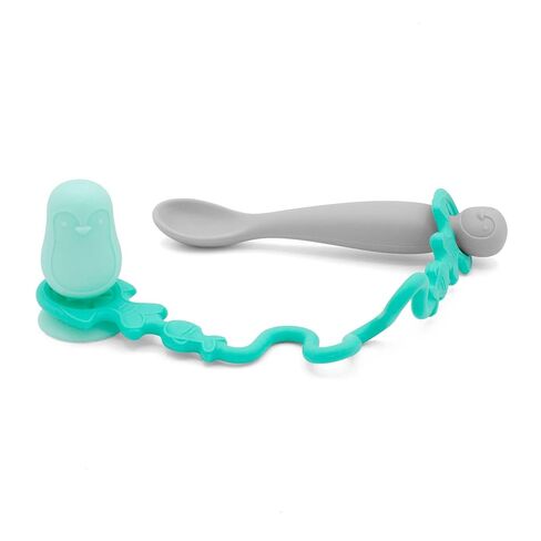• Easy Learn Baby Spoon & Tether Set • Baby Spoon with Tether for Babies and Toddlers • Keeps Spoon Off Floor • Ages 6 mo+ • Dishwasher Safe (Penguin, Sea Foam) in Kuwait
