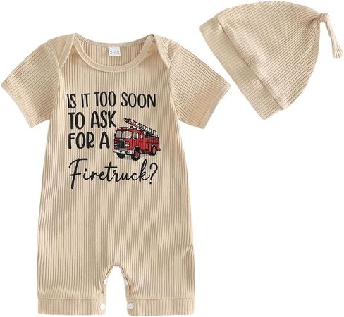Newborn Baby Boy Clothes Is It Too Soon To Ask For A Fire Truck Knit Short Sleeve Romper Bodysuit Firefighter Outfit in Saudi Arabia