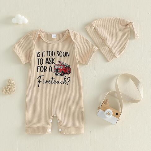 Newborn Baby Boy Clothes Is It Too Soon To Ask For A Fire Truck Knit Short Sleeve Romper Bodysuit Firefighter Outfit in Saudi Arabia