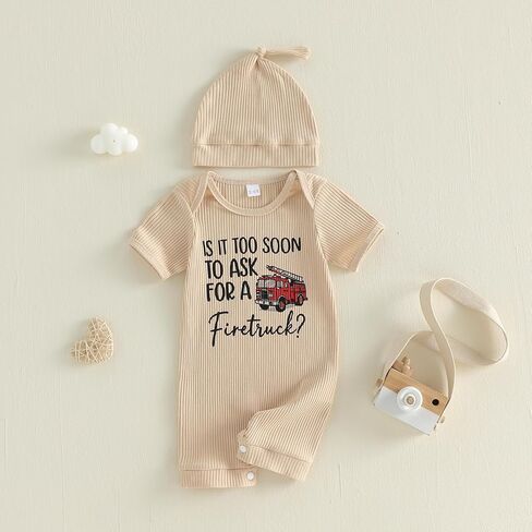 Newborn Baby Boy Clothes Is It Too Soon To Ask For A Fire Truck Knit Short Sleeve Romper Bodysuit Firefighter Outfit in Saudi Arabia