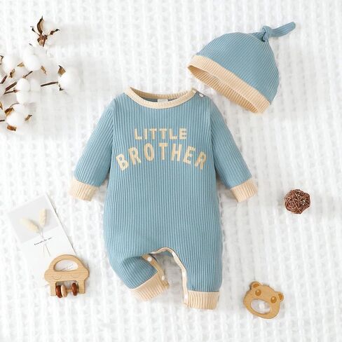 Baby Boy Little Brother Outfit Ribbed Romper & Hat Set Long Sleeve Fall Winter Newborn Infant Clothes in Kuwait