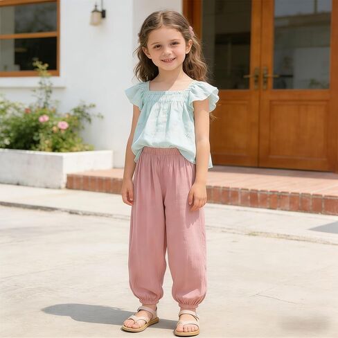 Toddler Boys Girls Linen Pants 2 Pack Kids Wide Leg Harem Pants Cotton Elastics Waist Summer Fall Long Trousers in Saudi Arabia