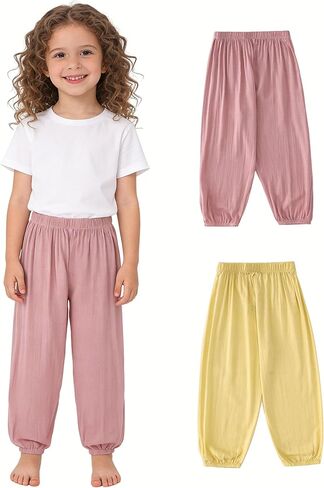 Toddler Boys Girls Linen Pants 2 Pack Kids Wide Leg Harem Pants Cotton Elastics Waist Summer Fall Long Trousers in Saudi Arabia