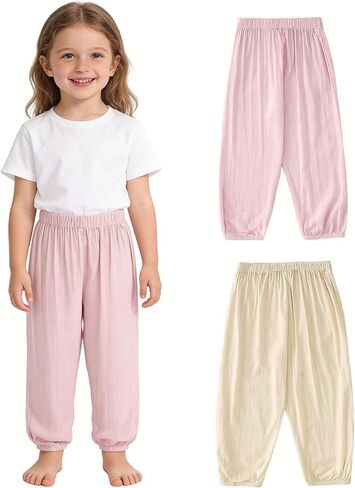 Toddler Boys Girls Linen Pants 2 Pack Kids Wide Leg Harem Pants Cotton Elastics Waist Summer Fall Long Trousers in Saudi Arabia