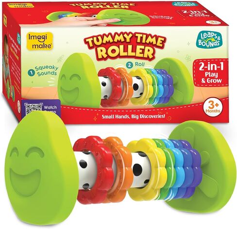 Imagimake Tummy Time Roller | Leaps & Bounds Baby Toys for 3+ Months | Early Learning Toy for Toddlers & Infants | 2-in-1 Play & Grow - Squeaky Sounds | Non-Toxic | Newborn Baby Gift for 3+ Months in Saudi Arabia