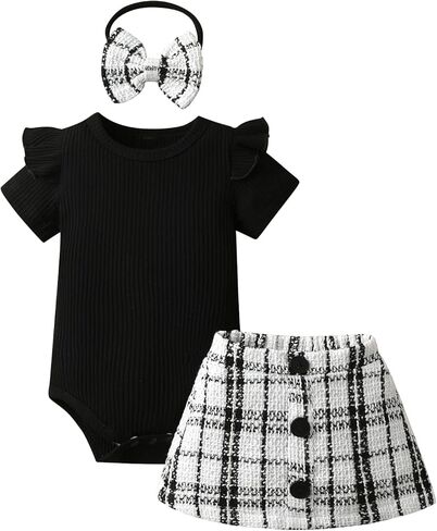 Kulcerry Infant Baby Girl Clothes Summer Black Solid Color Bodysuit + Plaid Skirt + Headband Outfits Set in Saudi Arabia