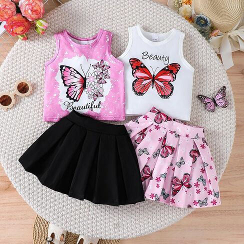 Girls' 4 Piece Summer Mix & Match Outfit – Butterfly Print Tops + Pleated Skirts Set for Toddlers (12M–5Y) in Saudi Arabia