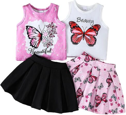 Girls' 4 Piece Summer Mix & Match Outfit – Butterfly Print Tops + Pleated Skirts Set for Toddlers (12M–5Y) in Saudi Arabia