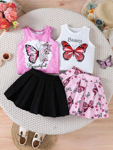 Girls' 4 Piece Summer Mix & Match Outfit – Butterfly Print Tops + Pleated Skirts Set for Toddlers (12M–5Y) in Saudi Arabia