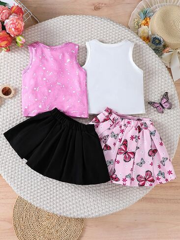 Girls' 4 Piece Summer Mix & Match Outfit – Butterfly Print Tops + Pleated Skirts Set for Toddlers (12M–5Y) in Saudi Arabia