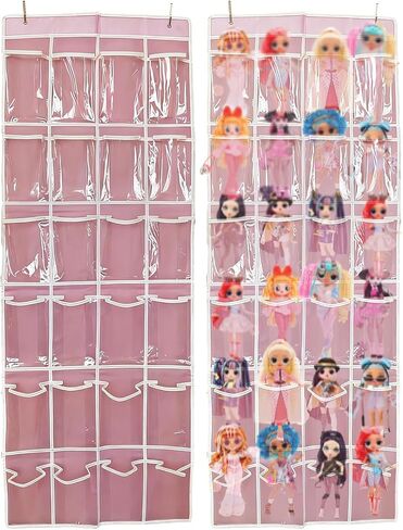 منظم تخزين ألعاب الفتيات المعلق فوق الباب مع 24 جيبًا شفافًا، متوافق مع Lol Omg Dolls Barbie Dolls Surprise Doll clothes منظم إكسسوارات شعر البنات in Kuwait