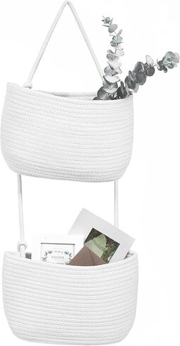 Over The Door Hanging Basket, 3 Tier Cotton Rope Woven Wall Basket, Magazine Racks Hanging Organizer, Decorative Hanging Storage Baskets for Organizing Living Room, Bathroom and Bedroom (Brown) in Kuwait