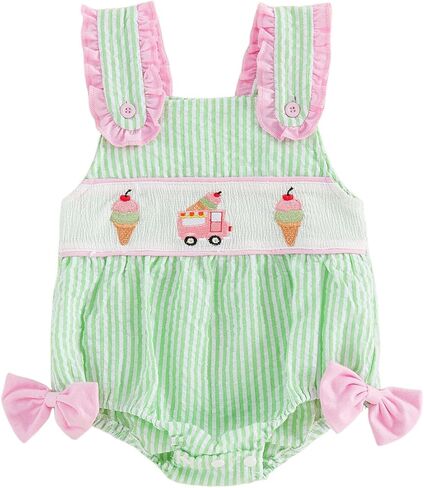 Lamuusaa Newborn Baby Girl Clothes Soft Smocked Bubble Romper Embroidery Bodysuit Jumpsuit One Piece Summer Outfit 0-18M in Kuwait