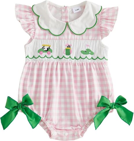 Baby Girl Clothes Golf Cart Flagstick Embroidery Plaid Ruffle Sleeveless Romper Jumpsuit Smocked Bubble Outfit in Kuwait