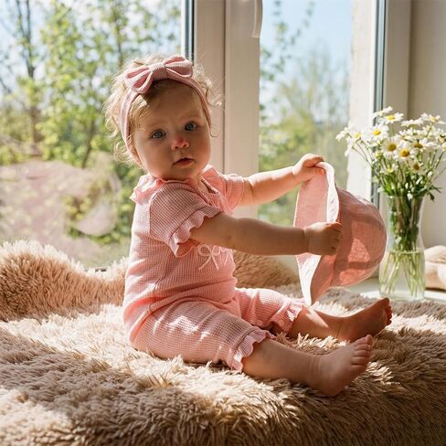 Bagilaanoe Newborn Baby Girl Short Sleeve Romper Jumpsuit 3 6 9 12 Months Little Sister Summer Outfit Waffle Clothes in Saudi Arabia