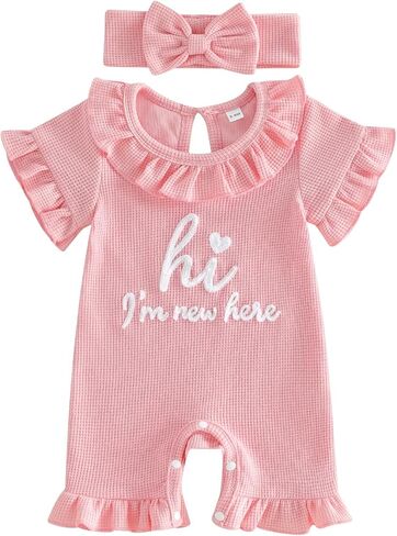 Bagilaanoe Newborn Baby Girl Short Sleeve Romper Jumpsuit 3 6 9 12 Months Little Sister Summer Outfit Waffle Clothes in Saudi Arabia