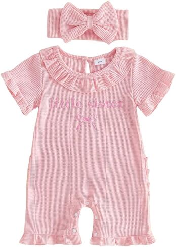 Bagilaanoe Newborn Baby Girl Short Sleeve Romper Jumpsuit 3 6 9 12 Months Little Sister Summer Outfit Waffle Clothes in Saudi Arabia
