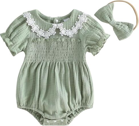 Summer Baby Girl Clothes Newborn Cotton Linen Romper Short Sleeve Infant Onesie Smocked Bodysuit Baby Outfits in Kuwait