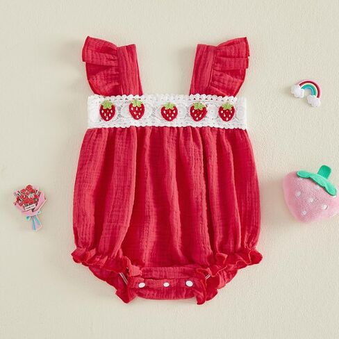 BULINGNA Newborn Infant Baby Girl Summer One Piece Outfit Fly Sleeve Strawberry Onesie Bubble Romper Sunsuit in Saudi Arabia