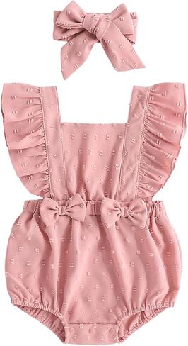 Newborn Baby Girl Clothes Ruffle Romper with Headband Swiss Dot Summer Outfits for Photography Gift in Kuwait