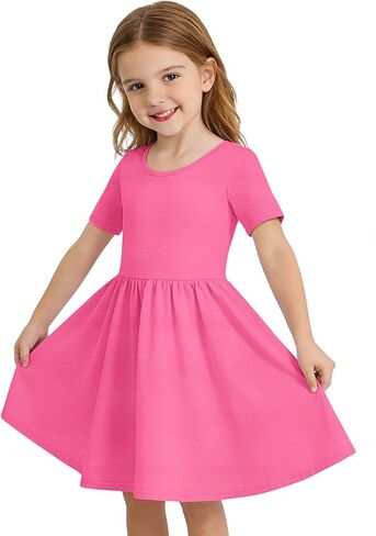 Haloumoning Toddler Baby Girl Short Sleeve Dress Kids Summer A-Line Twirly Skater T-Shirt Dresses with Pockets 8M-9Y in Kuwait