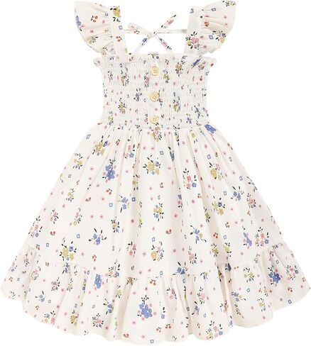 Toddler Girl Floral Smocked Dress, Sleeveless Chiffon A-Line Sundress for Summer Beach Party 2-7Y in Saudi Arabia