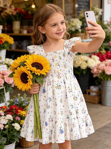 Toddler Girl Floral Smocked Dress, Sleeveless Chiffon A-Line Sundress for Summer Beach Party 2-7Y in Saudi Arabia