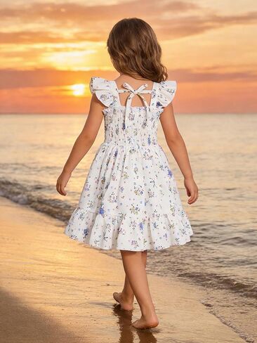 Toddler Girl Floral Smocked Dress, Sleeveless Chiffon A-Line Sundress for Summer Beach Party 2-7Y in Saudi Arabia
