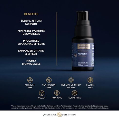 Quicksilver Liposomal Melatonin - وقت النوم، اضطراب الرحلات الجوية الطويلة ودعم المناعة سائل الميلاتونين للبالغين - امتصاص فعال ومتفوق 1 ملغ من الميلاتونين لتقليل النعاس الصباحي (30 مل) in Kuwait