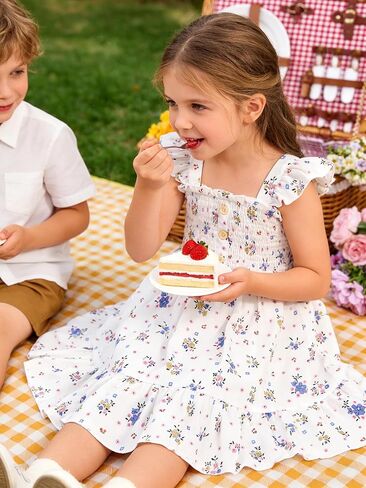 Toddler Girl Floral Smocked Dress, Sleeveless Chiffon A-Line Sundress for Summer Beach Party 2-7Y in Saudi Arabia