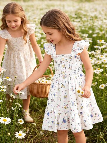 Toddler Girl Floral Smocked Dress, Sleeveless Chiffon A-Line Sundress for Summer Beach Party 2-7Y in Saudi Arabia